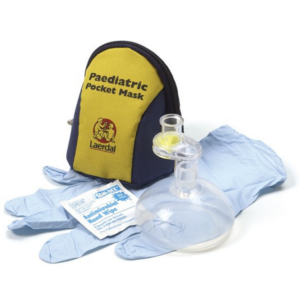 5 Pocket Masks in blauw-geel tasje met desinfectiedoekje (Laerdal)